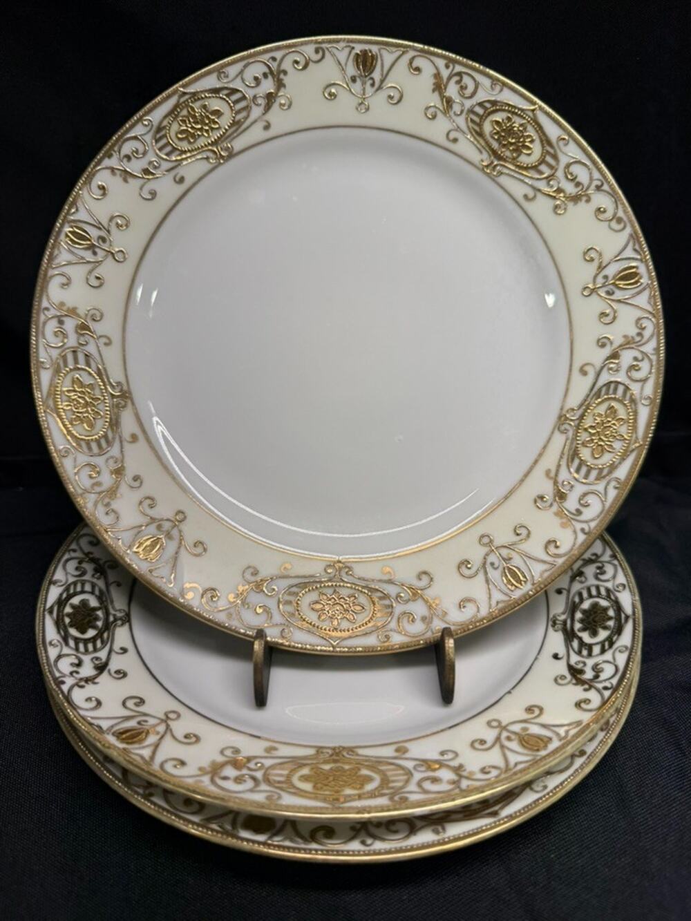 Set of 3 Noritake "Christmas Ball" 7.75" Salad Plates Round Gold Encrusted VTG